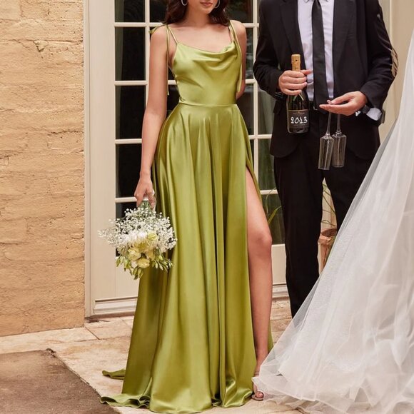 Lime Green Satin Formal Bridesmaids Prom Wedding Evening Dress 4 - Picture 1 of 5